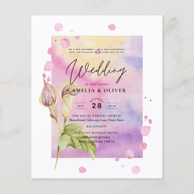 Flyer Convite de casamento Floral Leah G Pink Calla Lily (Frente)