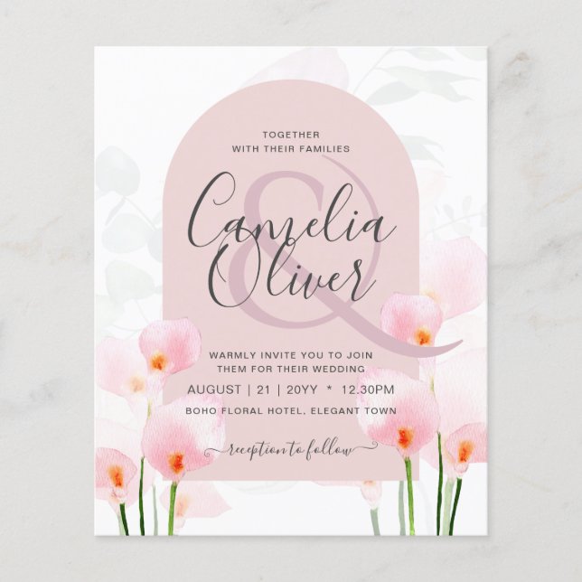 Flyer Convite de casamento Floral Leah G Pink Calla Lily (Frente)