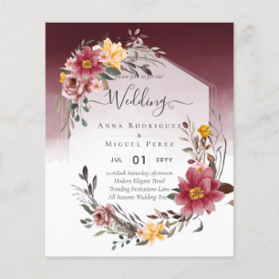 Flyer Convite de casamento floral LeahG Borgonha Amarelo