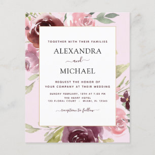 Flyer Convite de Casamento Floral Rosa Borgonha Econômic