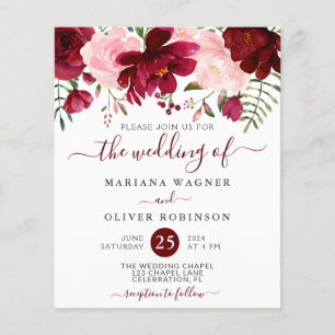 Flyer Convite de casamento floral rosa Borgonha econômic