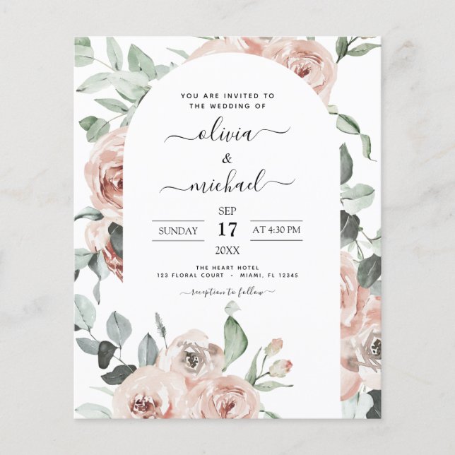 Flyer Convite de Casamento Floral Rosa Po dusty orçament (Frente)