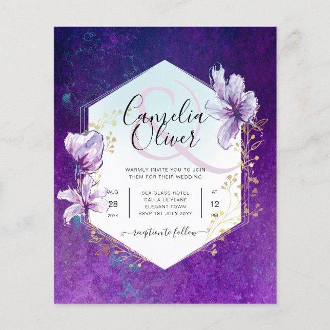 Flyer Convite de casamento Floral Roxo de Plum (Frente)