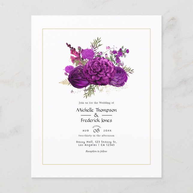 Flyer Convite de Casamento Floral Roxo Real e Dourado (Frente)