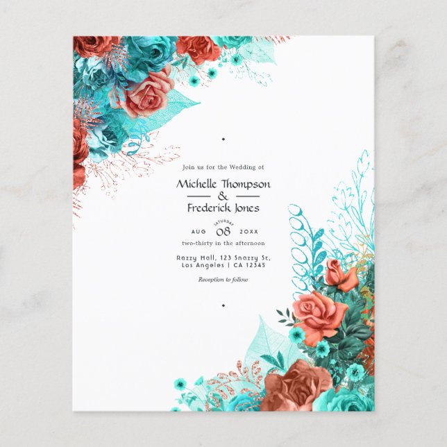 Flyer Convite de Casamento Floral Rústico Turquesa e Cor (Frente)