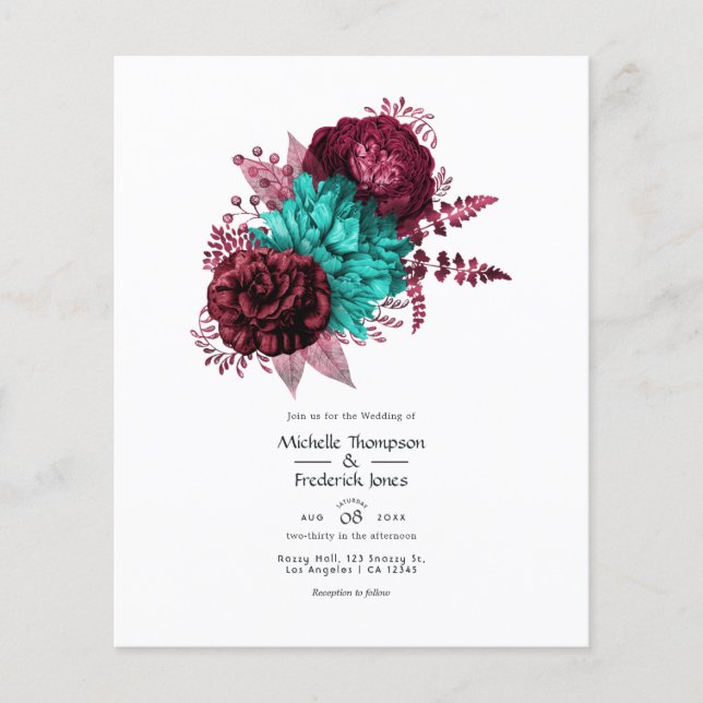 Flyer Convite de Casamento Floral Turquesa e Borgonha (Frente)
