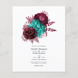 Flyer Convite de Casamento Floral Turquesa e Borgonha