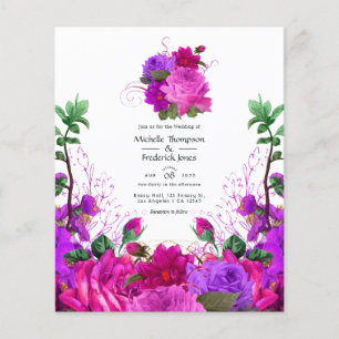 Flyer Convite de Casamento Floral Vintage Fuchsia e Roxo