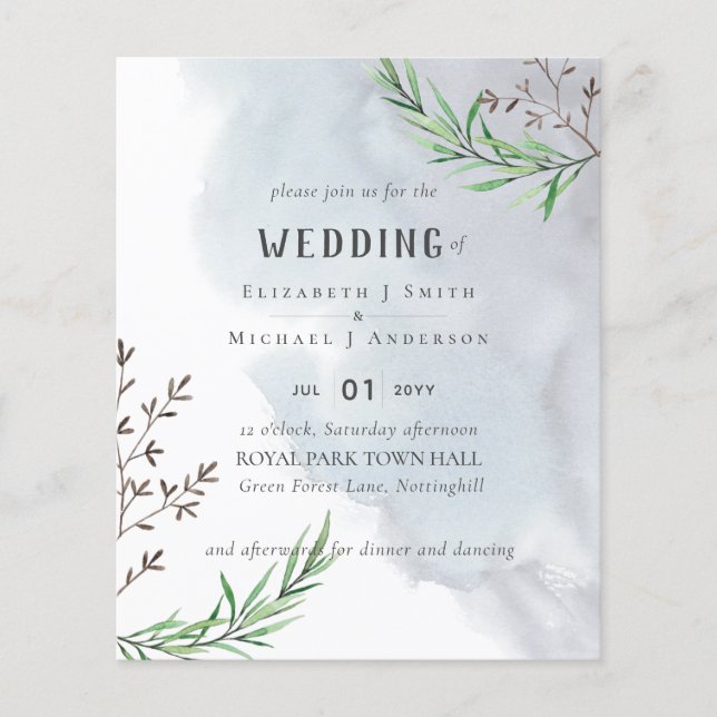 Flyer Convite de Casamento Folhas de Oliveira Azul Empoe (Frente)