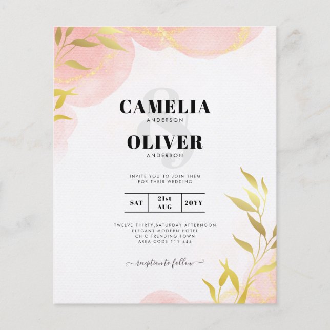 Flyer Convite de Casamento Folhas Douradas Coral Pêssego (Frente)