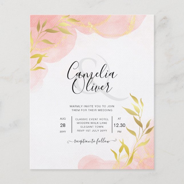 Flyer Convite de Casamento Folhas Douradas Coral Pêssego (Frente)