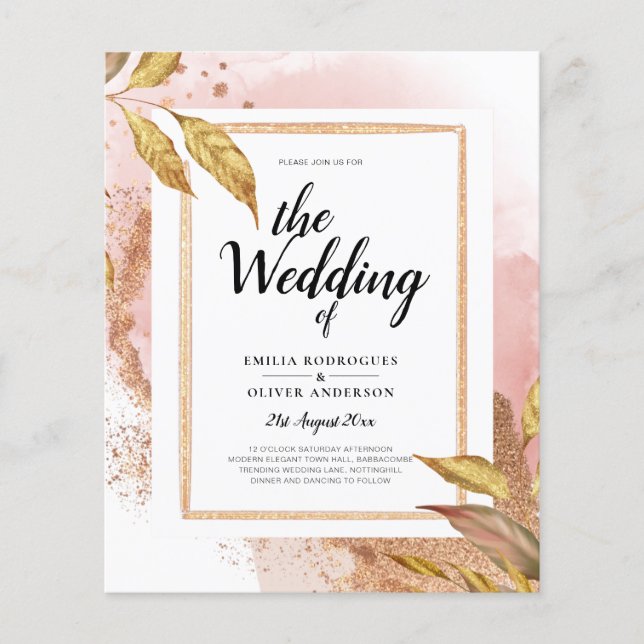 Flyer Convite de Casamento Folhas Dourado Rosa Orçamento (Frente)