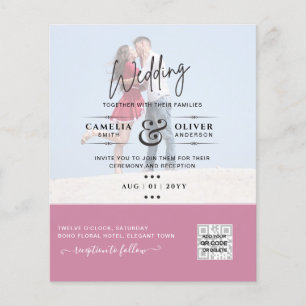 Flyer Convite de Casamento Foto Rosa Código QR Salvar Da