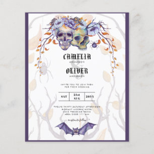 Flyer Convite de Casamento Gótico Caveiras Roxo Laranja