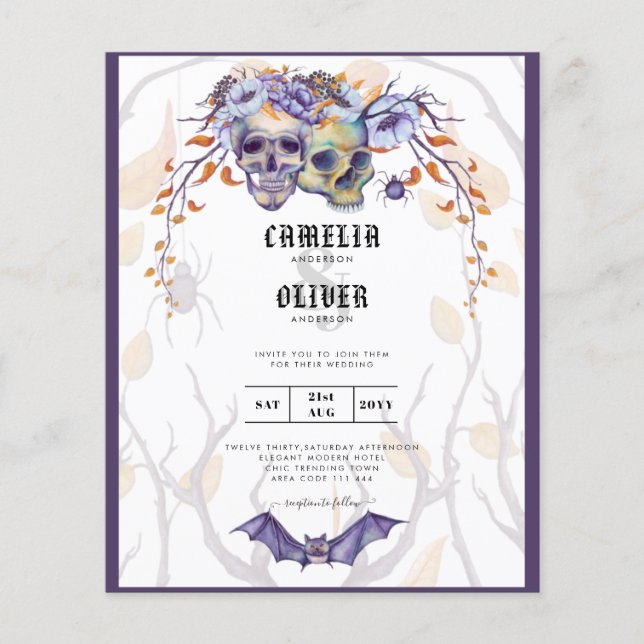 Flyer Convite de Casamento Gótico Caveiras Roxo Laranja (Frente)