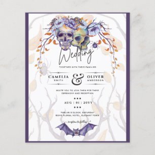 Flyer Convite de Casamento Gótico Crânios Roxo Laranja