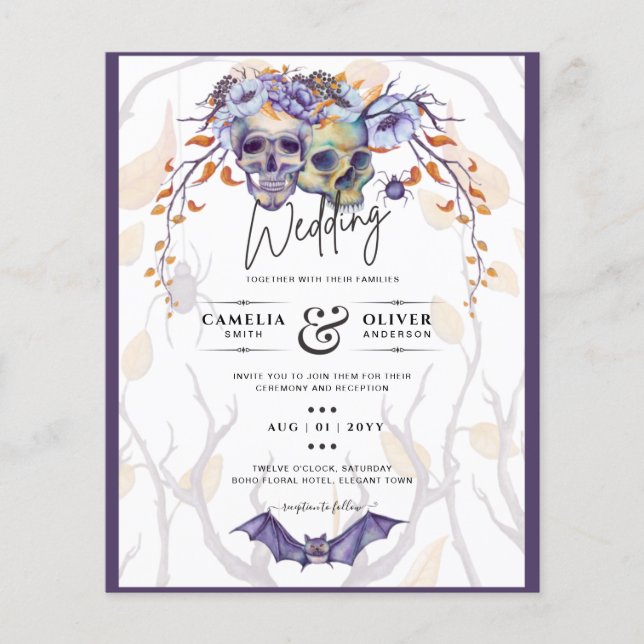 Flyer Convite de Casamento Gótico Crânios Roxo Laranja (Frente)