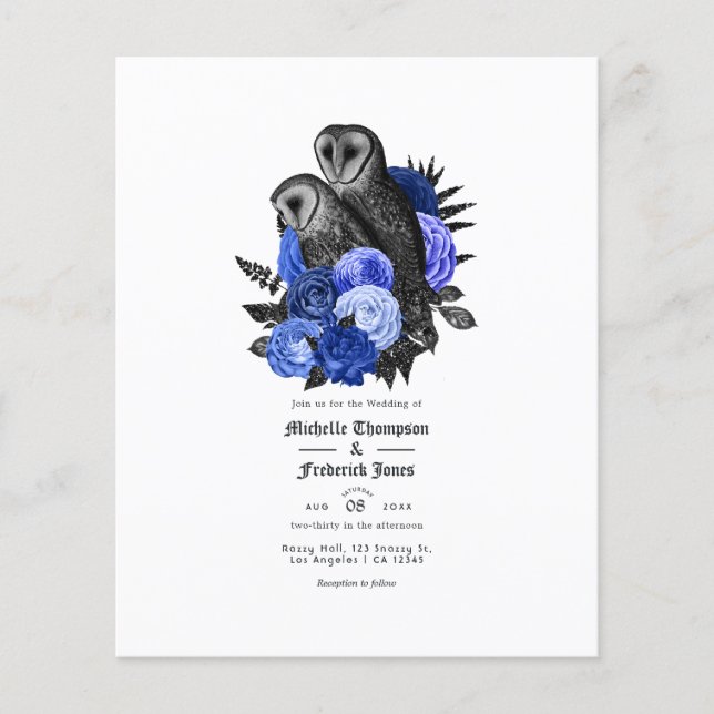 Flyer Convite de Casamento Gótico de Coruja Azul Real Vi (Frente)