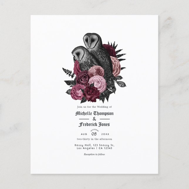 Flyer Convite de Casamento Gótico de Coruja Burgundy Vin (Frente)