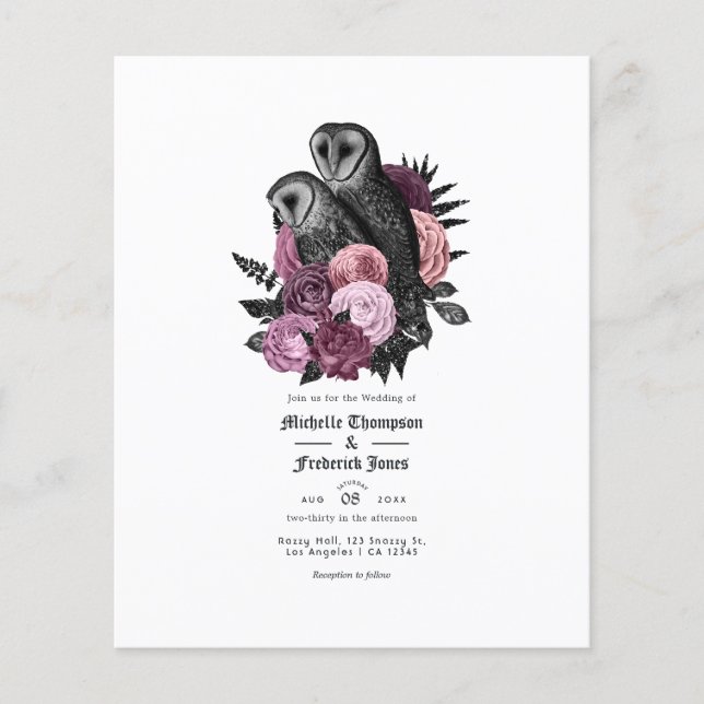 Flyer Convite de Casamento Gótico de Corujas em Mauve Vi (Frente)