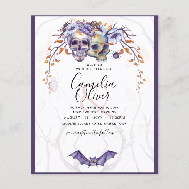 Flyer Convite de Casamento Gótico Roxo Laranja Caveiras (Frente)