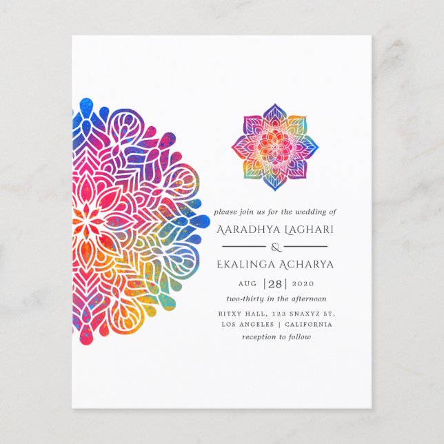 Flyer Convite de Casamento Indiano Mandala Arco-íris (Frente)