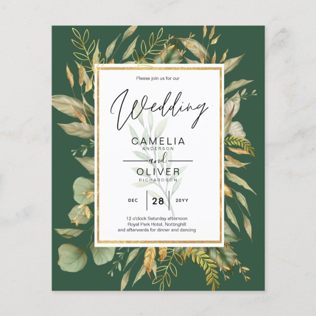 Flyer Convite de casamento LeahG Emerald Green Greenery (Frente)