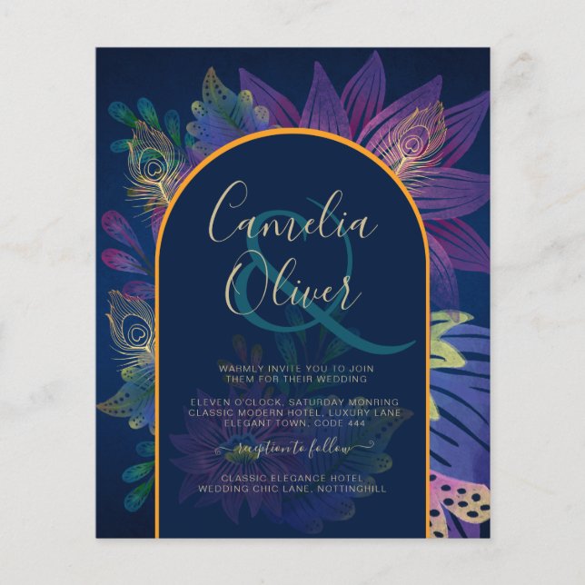 Flyer Convite de Casamento LeahG Navy Roxo Dourado TONS  (Frente)