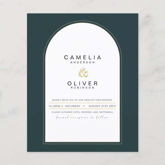 Flyer Convite de casamento Modern JUNIPER Green Gold com (Frente)