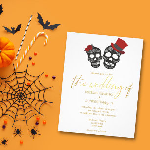 Flyer convite de casamento moderno dourado com esqueleto