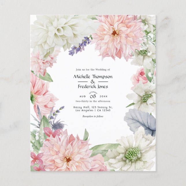 Flyer Convite de Casamento Pastel Rosa Blush Dahlia (Frente)
