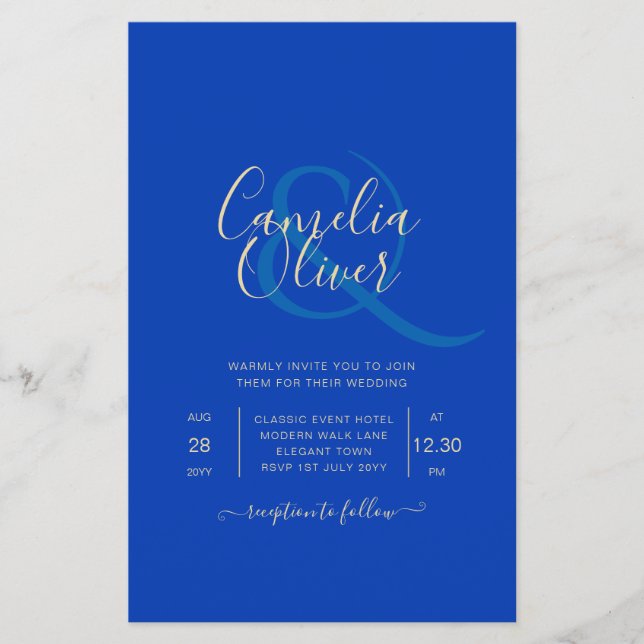 Flyer Convite de casamento Real Azul Monocromático (Frente)