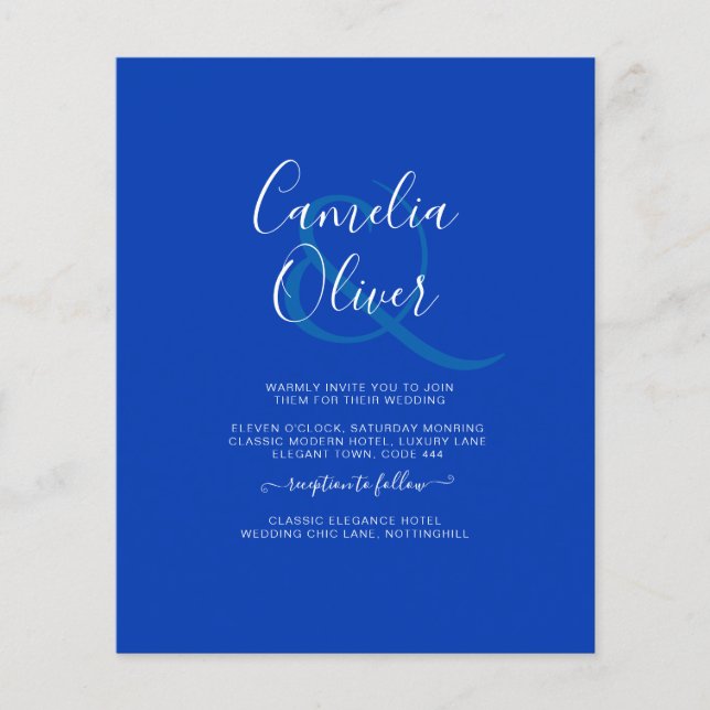 Flyer Convite de casamento Real Azul Monocromático (Frente)