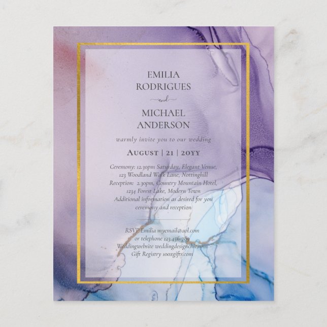 Flyer Convite de Casamento Roxo Azul Dourado INK Navy Ro (Verso)