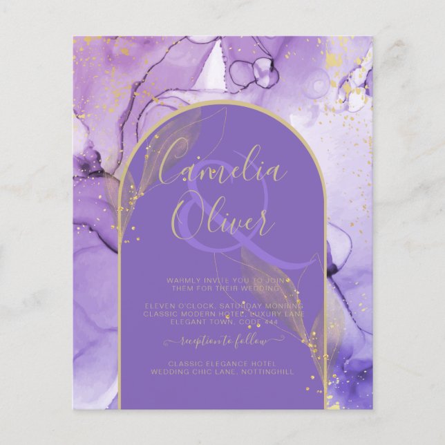 Flyer Convite de Casamento Roxo Dourado Lavanda Abstrato (Frente)