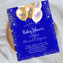 Convite de chá de bebê azul royal dourado econômic