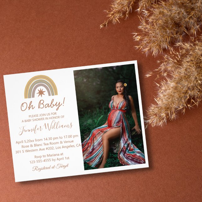 Flyer Convite de chá de bebê com foto em arco-íris Boho  (Criador carregado)