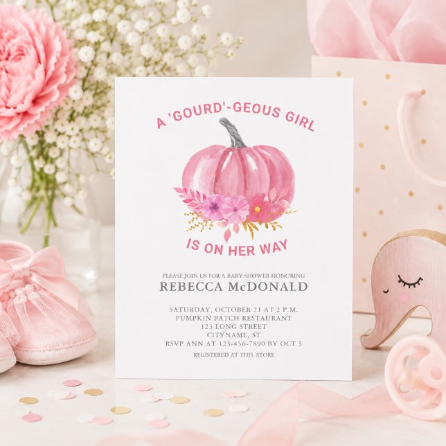 Flyer Convite de Chás de Bebê para Menina com Abóbora Ro (Add name and Baby Shower details to customize.  Matching items available)