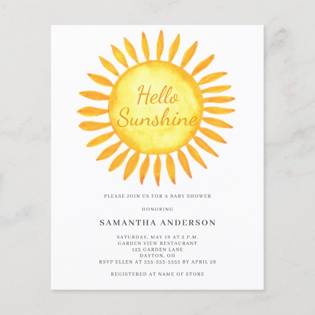 Flyer Convite de Chuvada de Bebê Orçamento Hello Sunshin (Frente)