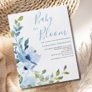 Flyer Convite de Chuveiro Floral Azul Orçamento Bebê em