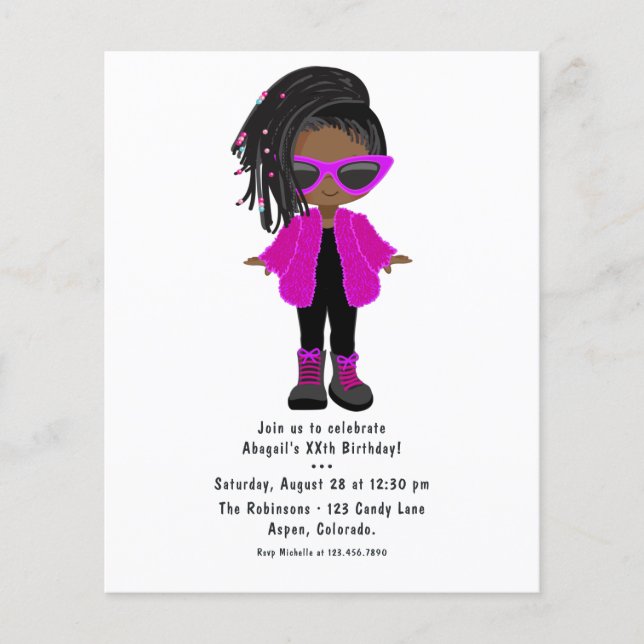 Flyer Convite de festa de menina negra com moda rosa-cho (Frente)
