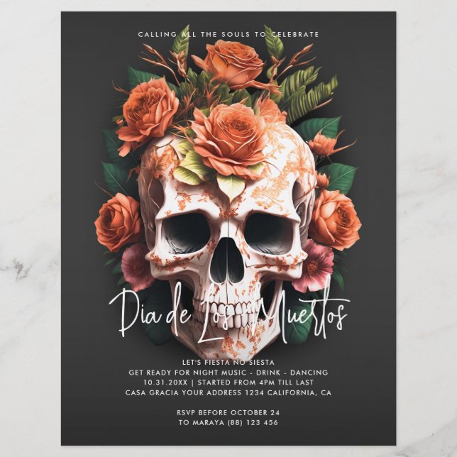 Flyer Convite de festas Floral Skull Dia De Los Muertos (Frente)
