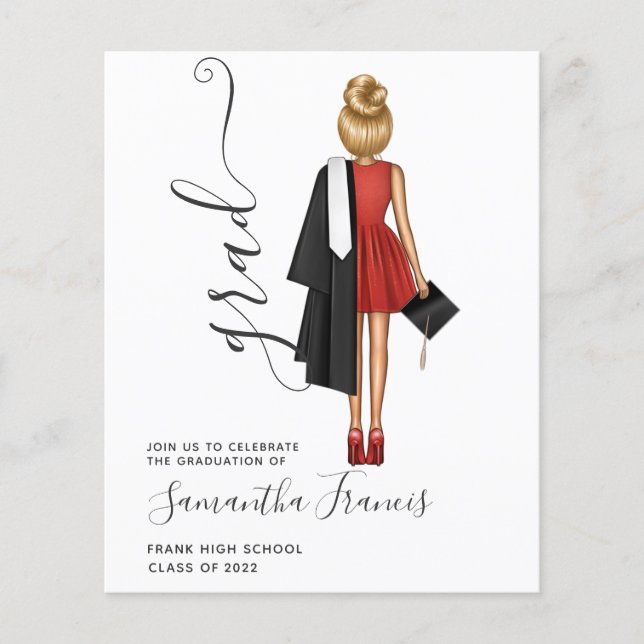 Flyer Convite de Graduação de Menina Elegante em Vermelh (Frente)