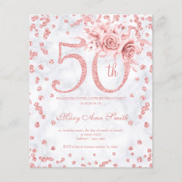 Flyer Convite de Mármore de Aniversário de 50 anos Rose 