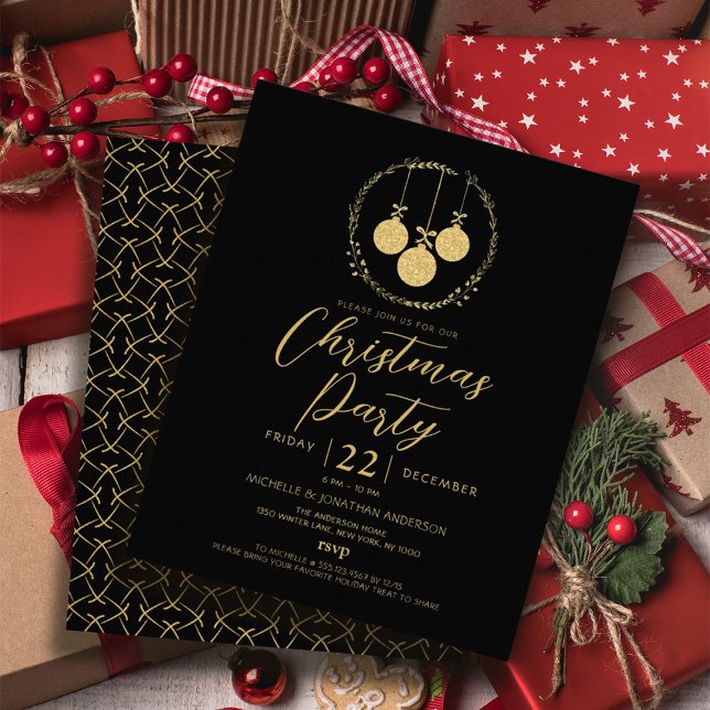 Flyer Convite de Natal Dourado para Brilhantes Pretos pa (Budget Black Gold Glitter Christmas Party Flyer)