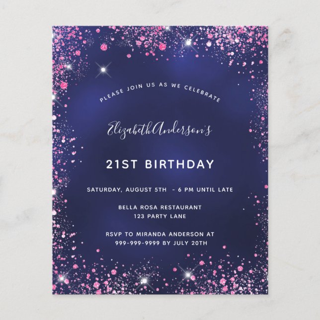 Flyer Convite de orçamento azul marinho rosa para festa  (Frente)