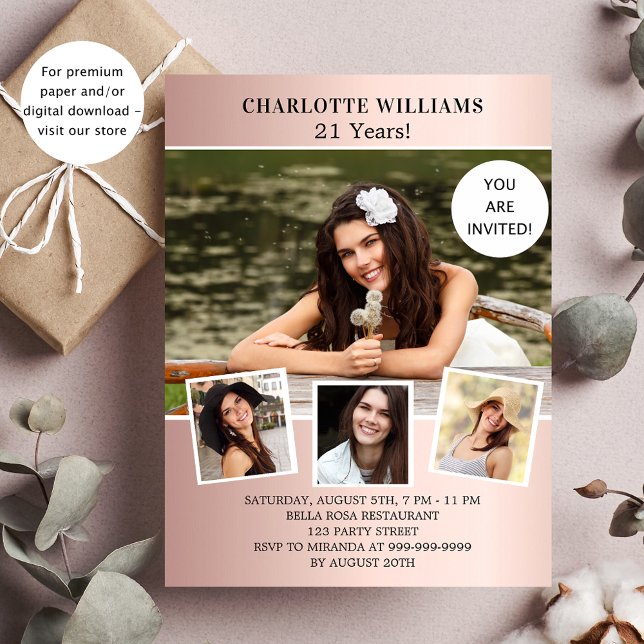 Flyer convite de orçamento de foto rosa de ouro festa de (Criador carregado)