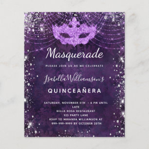 Flyer Convite de orçamento de Quinze Anos roxo mascarado