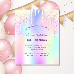 Flyer Convite de orçamento holográfico rosa roxo de aniv