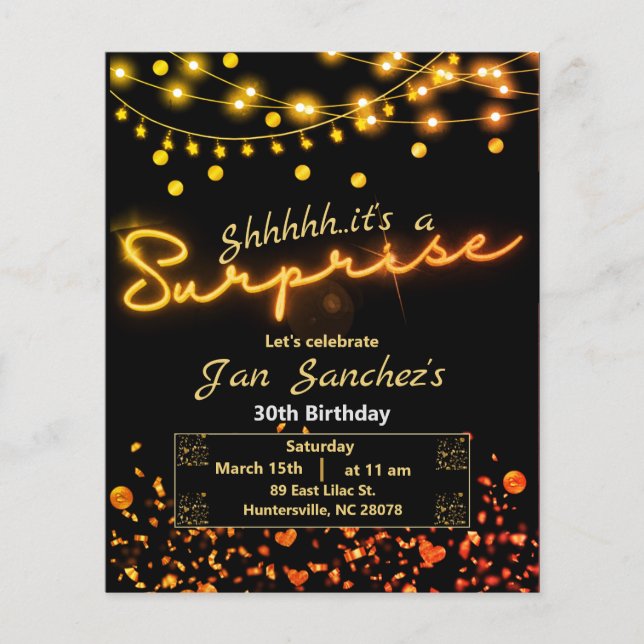 Flyer Convite de orçamento para surpresa em preto e ouro (Frente)
